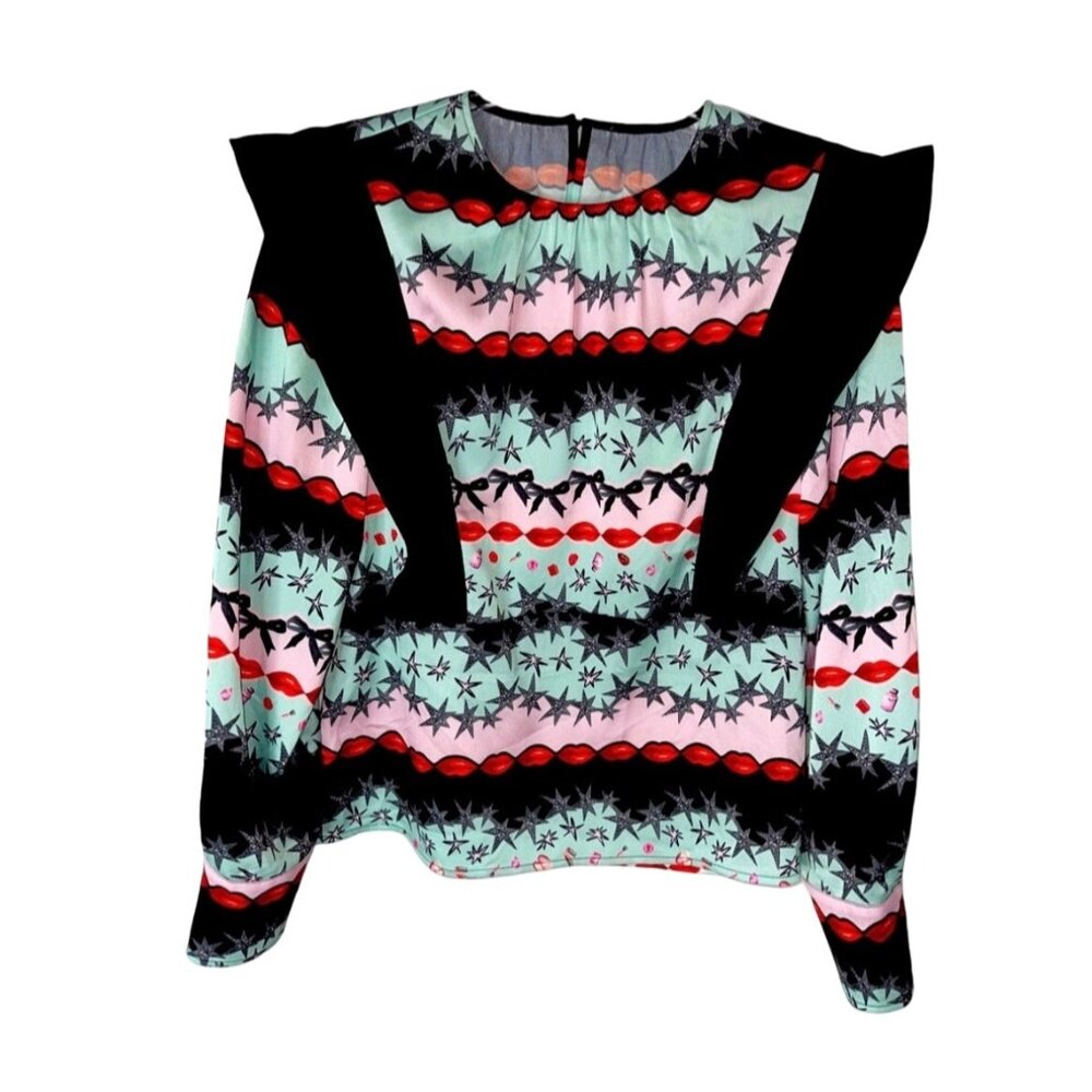 Tanya Taylor WomensPrinted Long Sleeve Blouse In Mint Multi With Star & Lip Desi